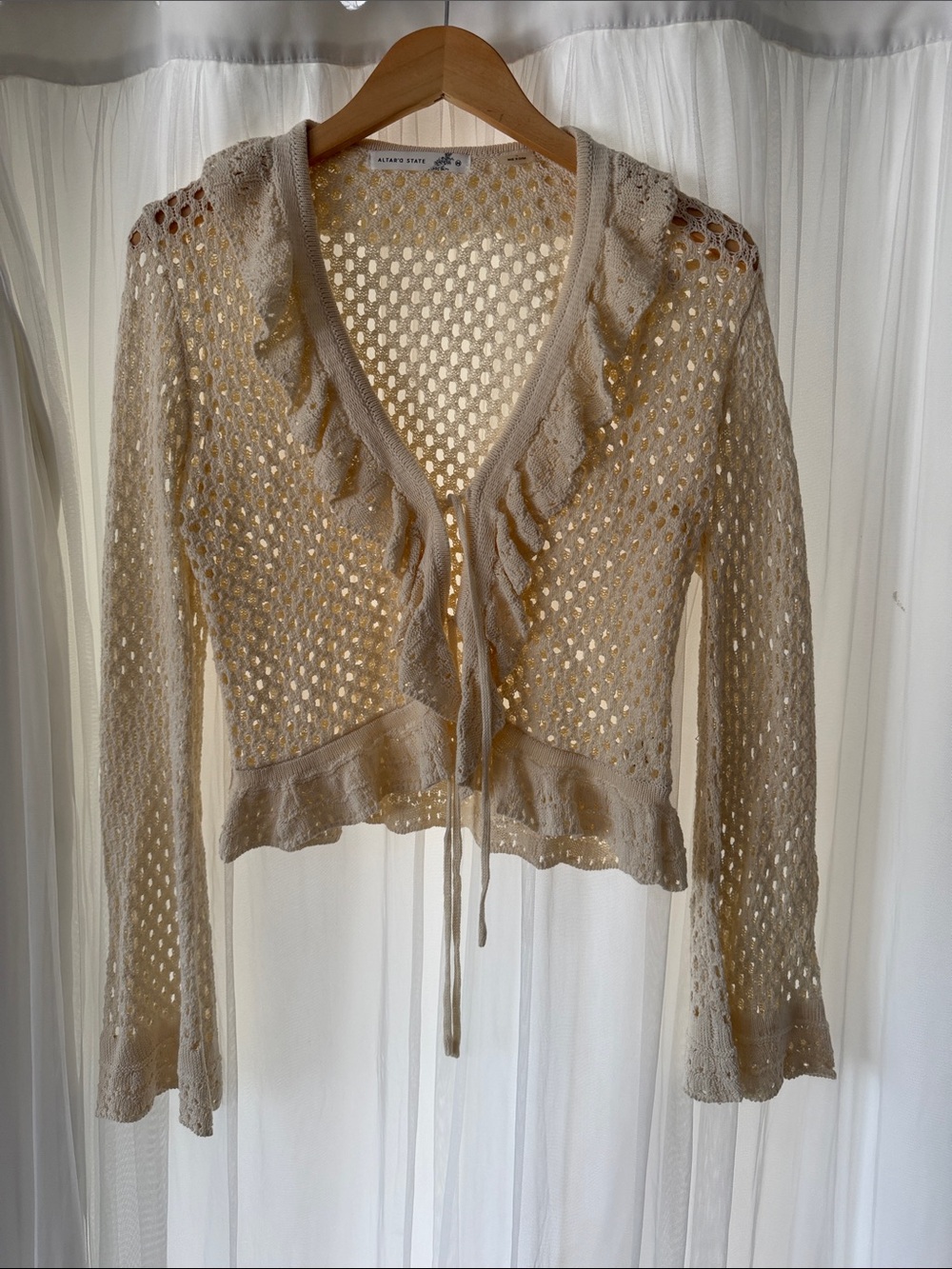 Altar'd State Cream Open-Knit Ruffle Tie-Front Cardigan